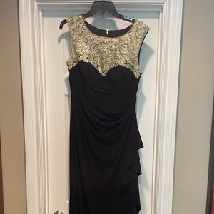 Alex Evenings Black Drape Front Gold Detail Neckline Formal Gown Size 8